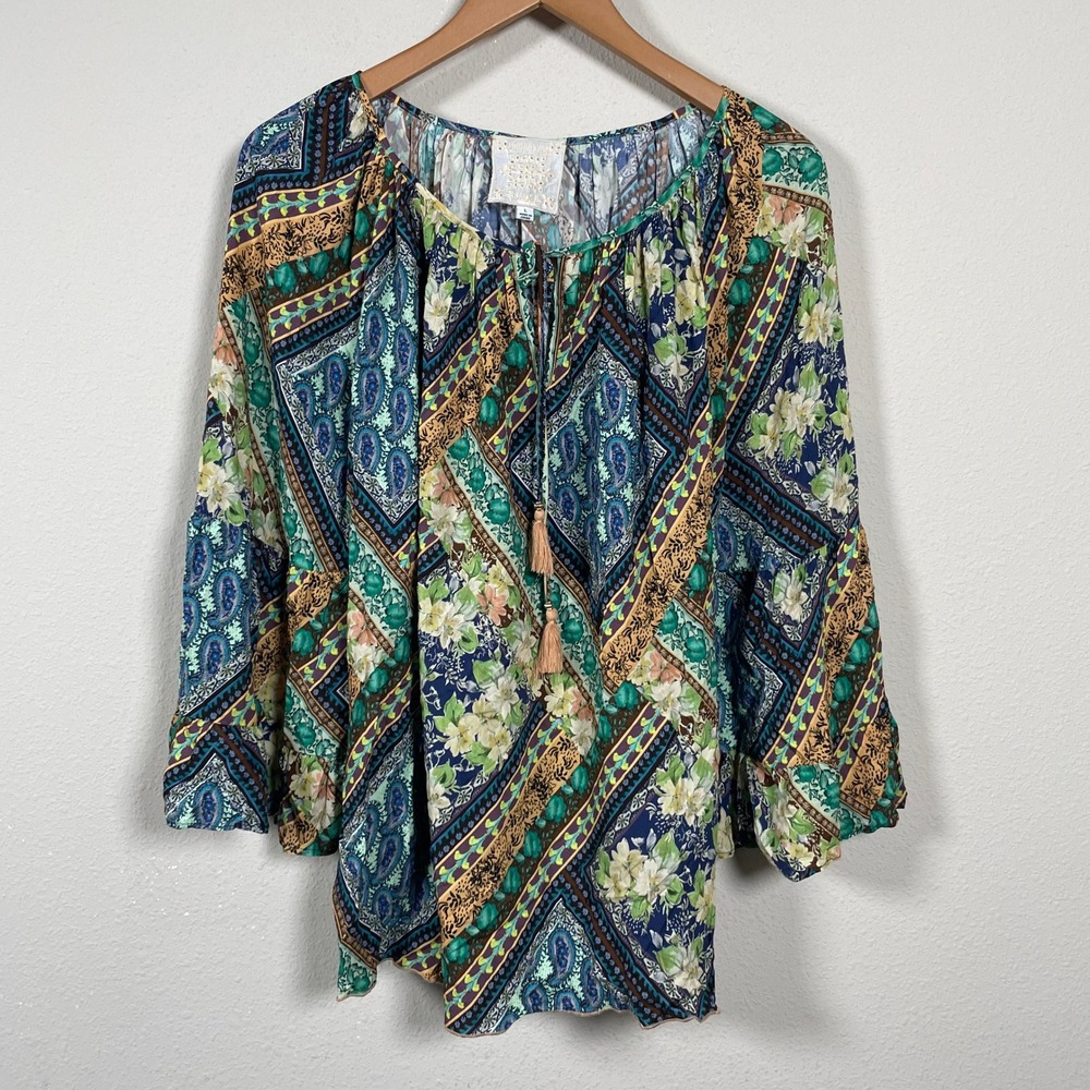 Johnny Was Jade Flowy Top‎ Womens L Blue Green Excellent Paisley Boho Peasant